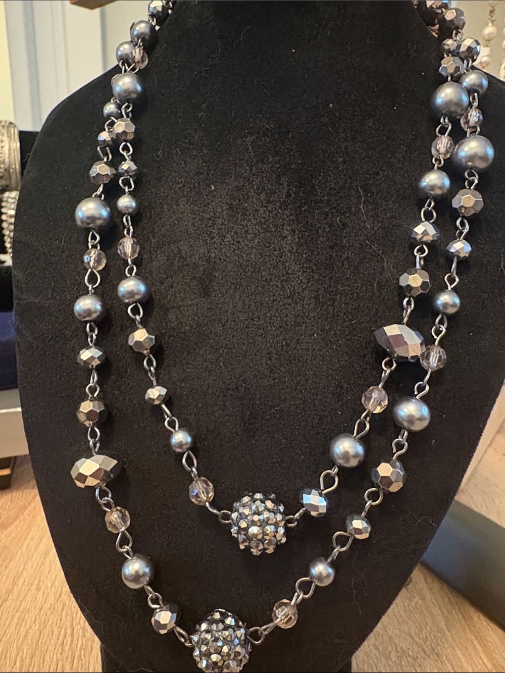 Vintage Gunmetal tone, lucite and glass facetted bead necklace pin set